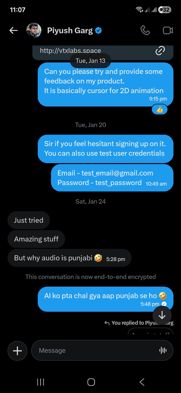Piyush Garg feedback message on WhatsApp